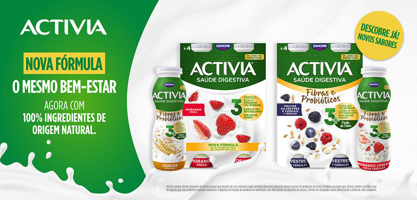 Produtos Activia em destaque com embalagens coloridas mostrando cereais e frutas. Texto anuncia nova fórmula e ingredientes naturais. Ambiente promocional vibrante.