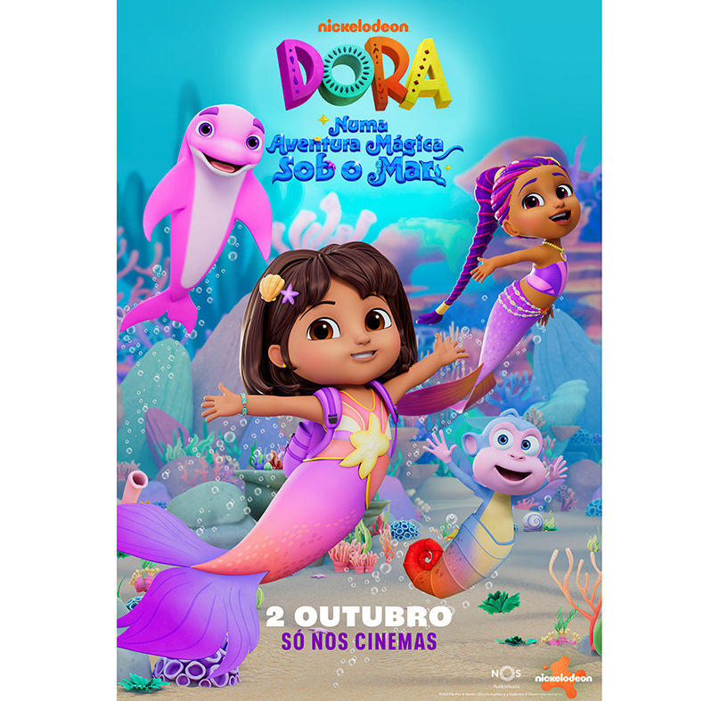 Personagens infantis como sereias e golfinho rosa em fundo submarino colorido. Texto: "Dora: Numa Aventura Mágica Sob o Mar", "2 Outubro".