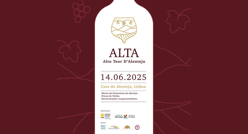 Imagem de etiqueta de vinho com texto "ALTA, Alto Teor D'Alentejo" e data "14.06.2025" em fundo bordô. Motivos de uvas e folhas.