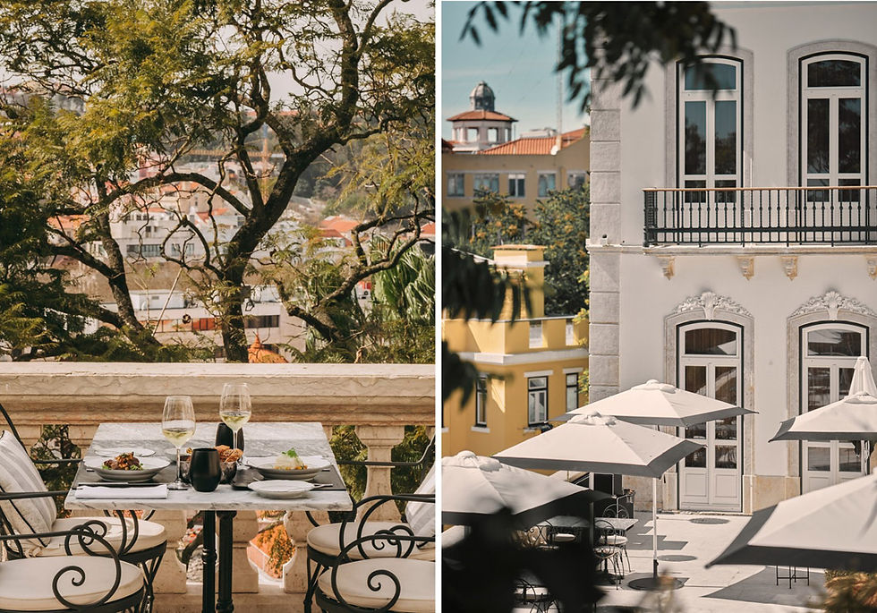 Mesa com pratos e taças de vinho em varanda, com vista para uma cidade arborizada. À direita, prédio amarelo e branco com guarda-sóis. Ambiência tranquila.