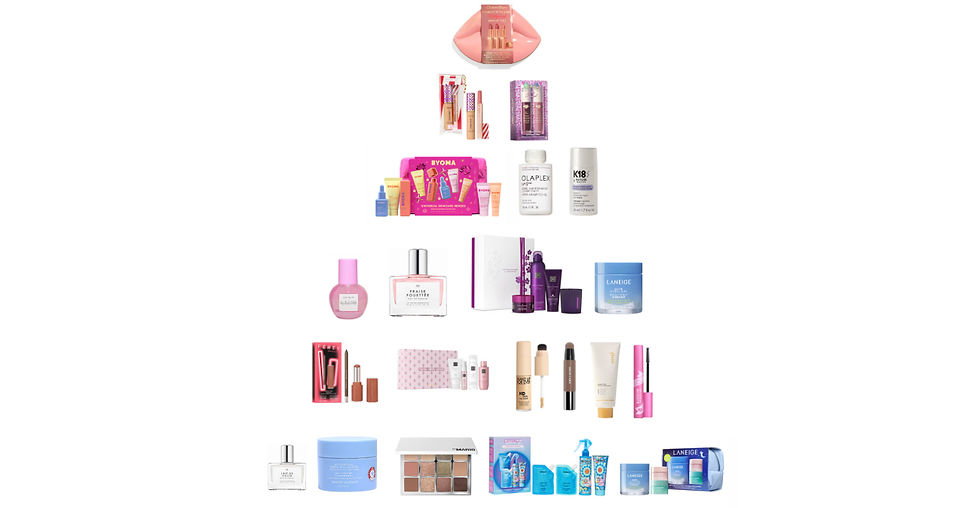 Imagem de produtos de beleza organizados em pirâmide. Inclui frascos, tubos e embalagens coloridas, com ênfase em tons de rosa e azul.