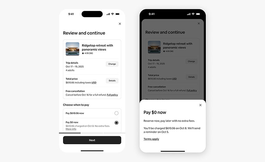 Tela de celular exibe detalhes de viagem, como data, preço e opções de pagamento. Fundo branco, texto em preto, botão "Next" destacado.