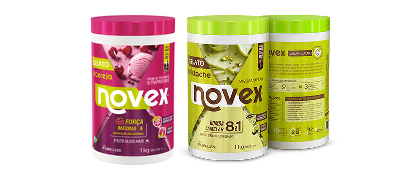 Potes de creme Novex: um rosa, Gelato Cereja, e dois verdes, Gelato Pistache, com descrições de uso. Estão sobre fundo branco.