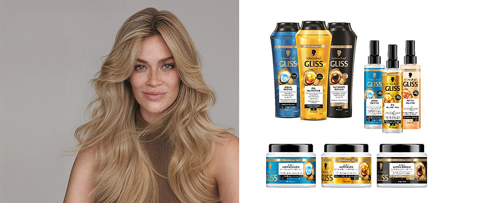 Mulher loira sorrindo à esquerda. Produtos de cabelo Gliss à direita, incluindo shampoos e cremes em embalagens coloridas. Fundo claro.