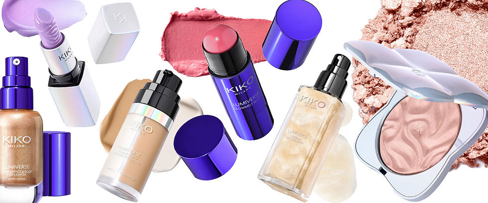 Produtos de maquiagem em fundo branco. Inclui bases, batons e pós KIKO Milano. Embalagens roxas e douradas, tons rosa e lilás.