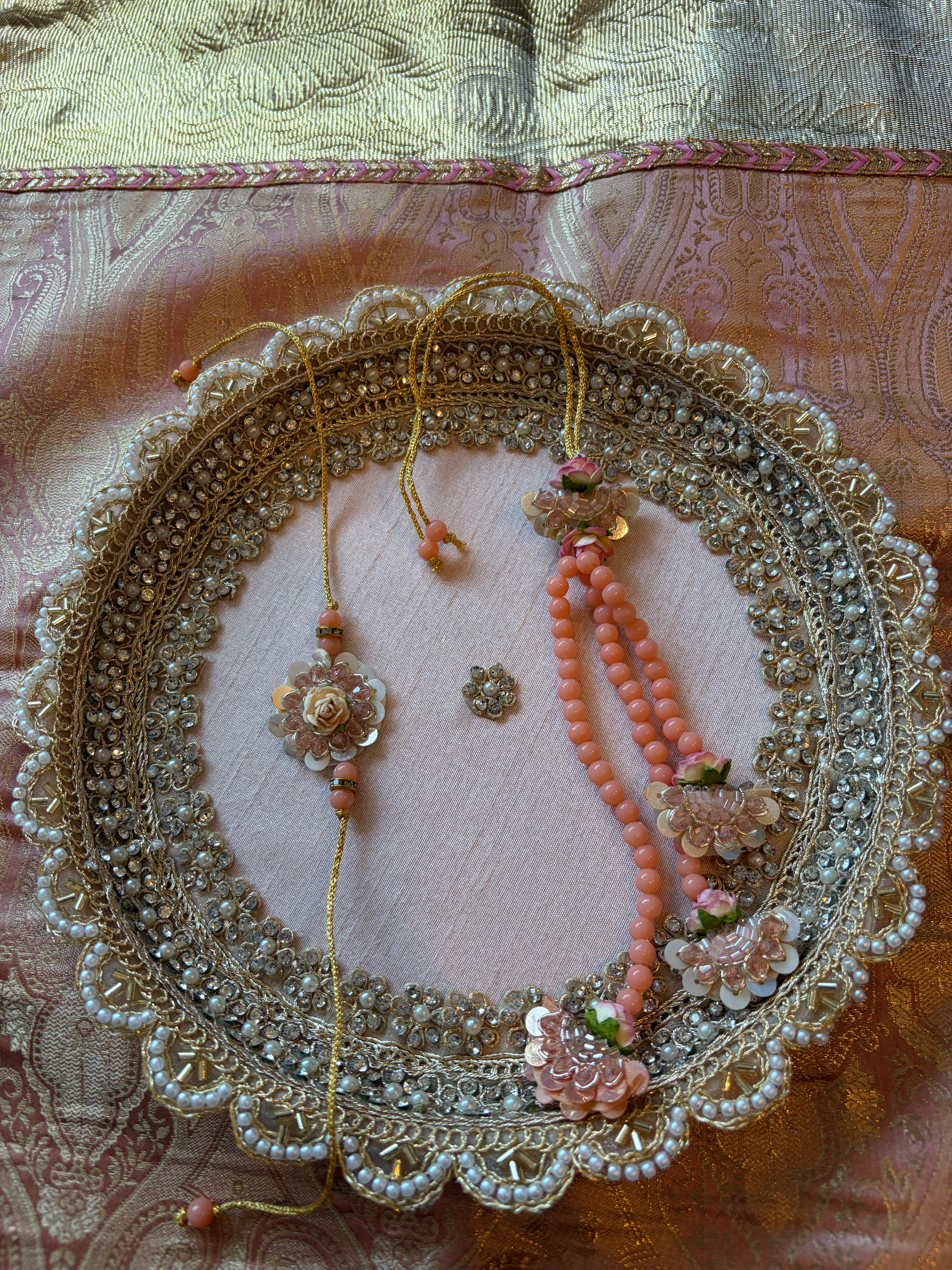 Peach Blossom Beadwork Rakhi and Lumba