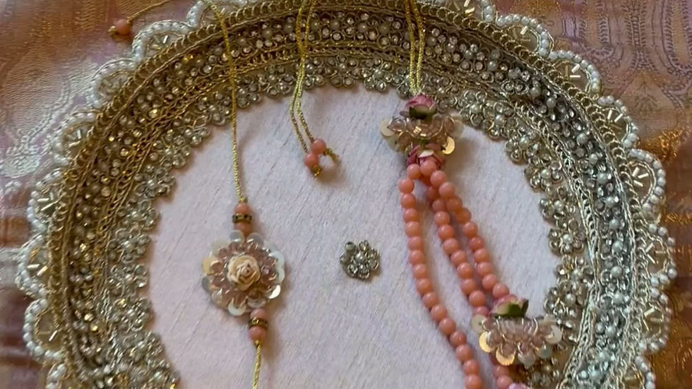 Thumbnail: Peach Blossom Beadwork Rakhi and Lumba