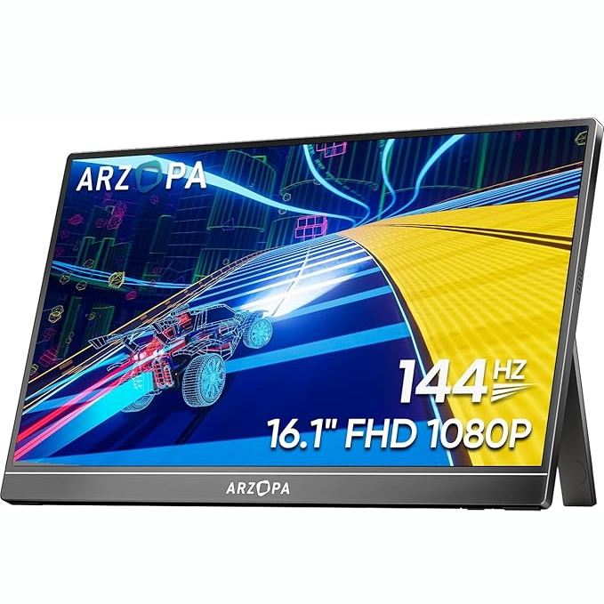 ARZOPA Monitor portátil para jogos de 16,1'' 144Hz, monitor portátil 1080P FHD Kickstand com HDR, ultrafino