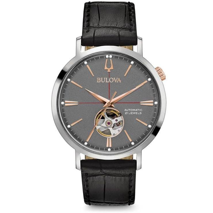 Relógio Bulova Aerojet Automatico com pulseira de couro, caixa de 41 mm, reserva de marcha 41 horas, coleção clássica, ponteiros e marcadores em tom ouro rosa, tampa traseira transparente, modelo 98A187, aço inoxidável, recurso hack, automático e corda manual.