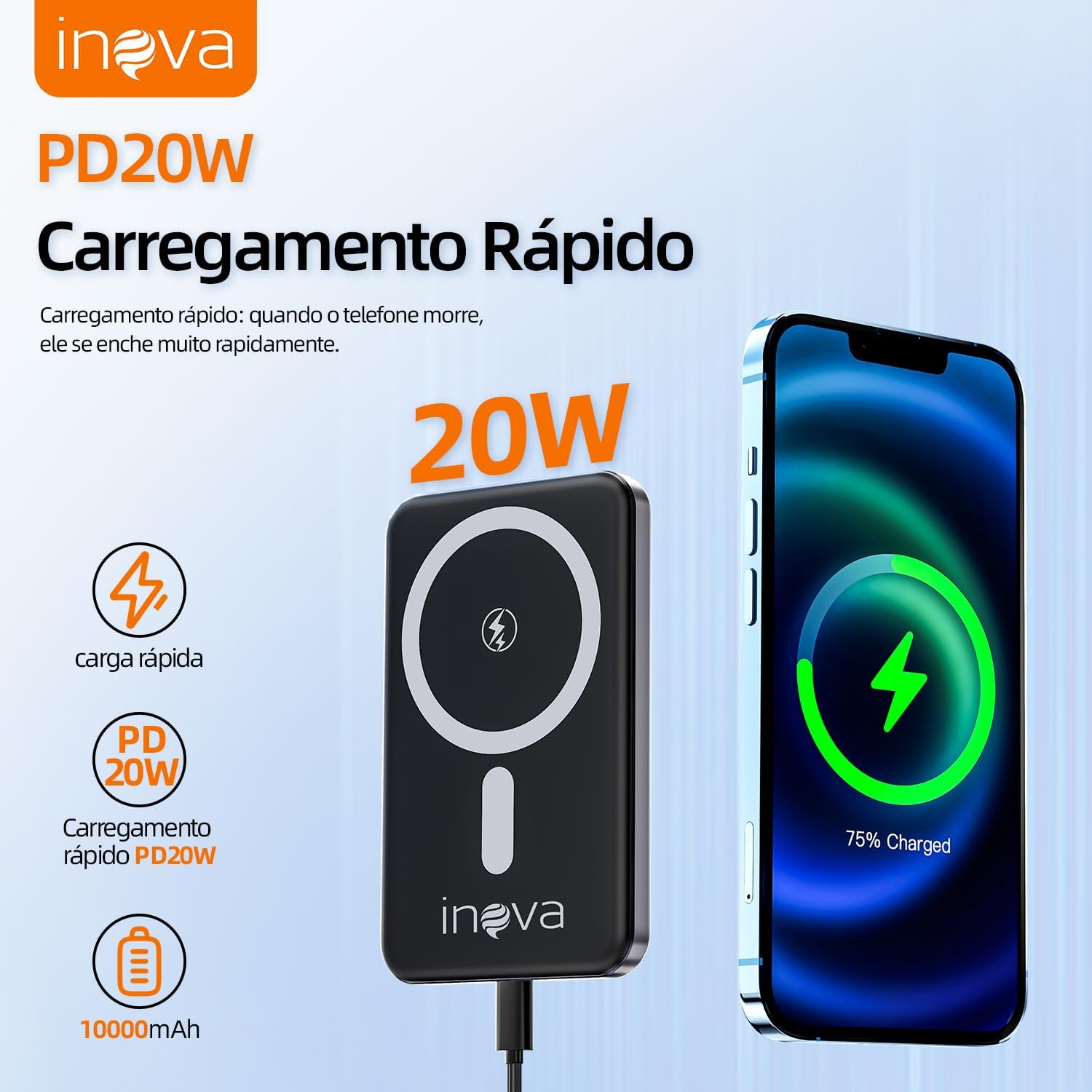 Power Bank 10000mAh com Carregamento por inducão - R$ 78,99