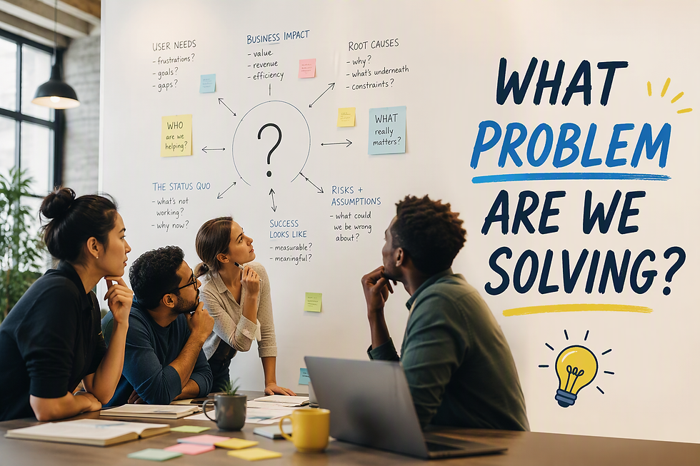 Team staring at white board with diagram asking question: What problem are we solving?