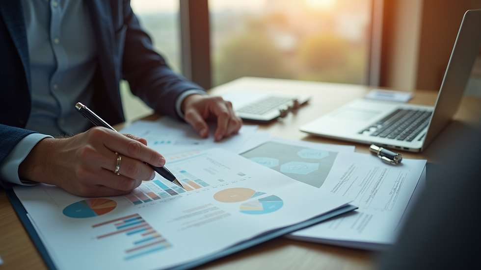 High angle view of construction project manager reviewing financial documents