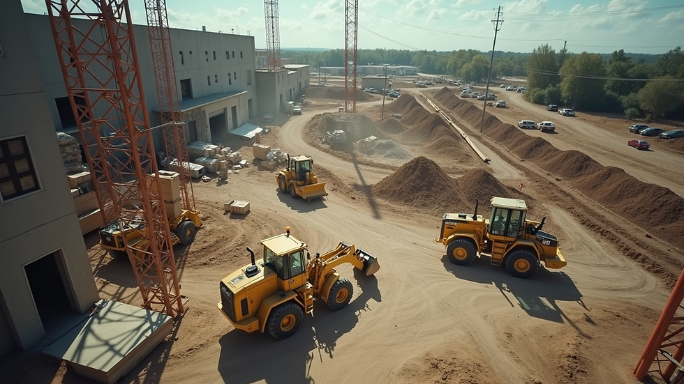 High angle view of a construction site with workers and machinery