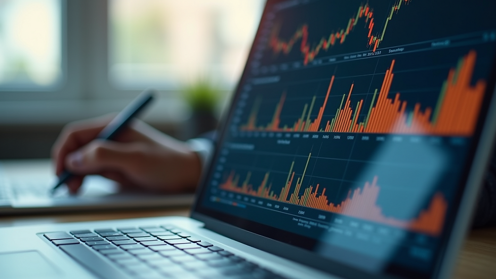 Close-up view of a consultant analyzing financial charts on a laptop