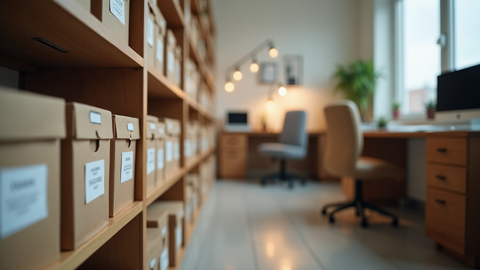 Eye-level view of a neatly arranged home office with labeled storage boxes