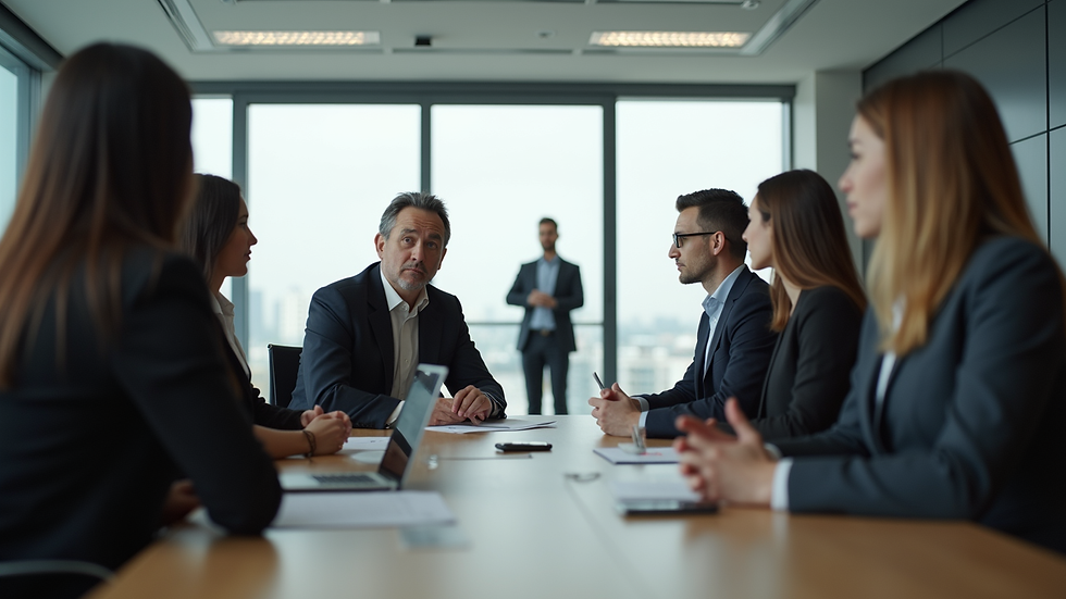 Vue en plongée d’une salle de réunion avec un manager animant une discussion d’équipe