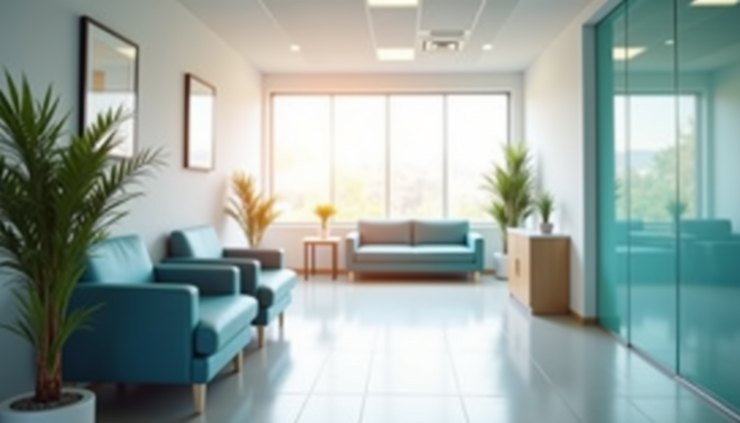 Eye-level view of a modern medical clinic reception area with comfortable seating and natural light