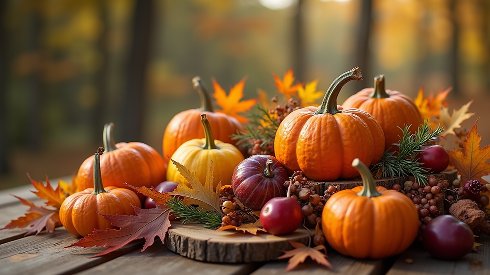 High angle view of a colorful autumn harvest spread on a wooden table