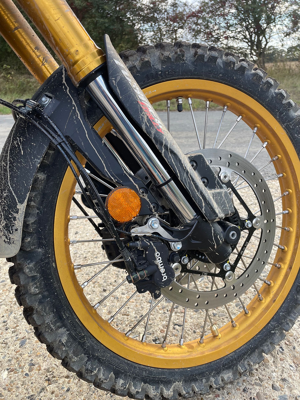 A knobbly off-road tyre on an adventure bike.