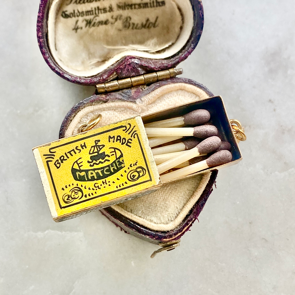 Thumbnail: Vintage 1965 9ct gold and enamel opening matchbox charm with heart and matches