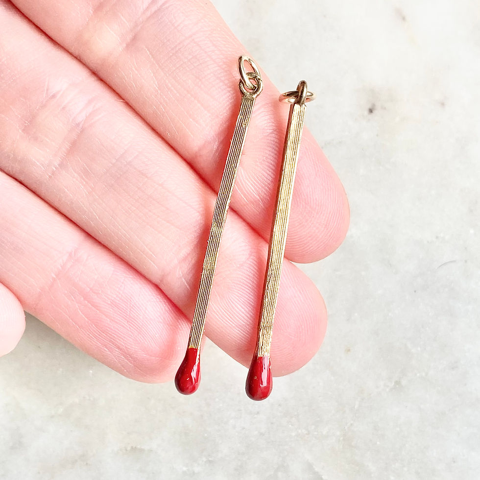 Thumbnail: Pair of vintage 1977 9ct gold & enamel matchstick charms, twin flames