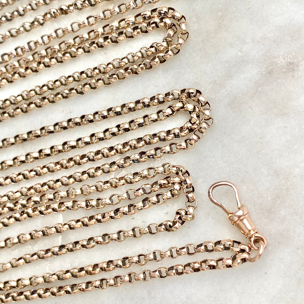 Thumbnail: Antique 53 inch 9ct gold belcher link long muff chain with dog clip