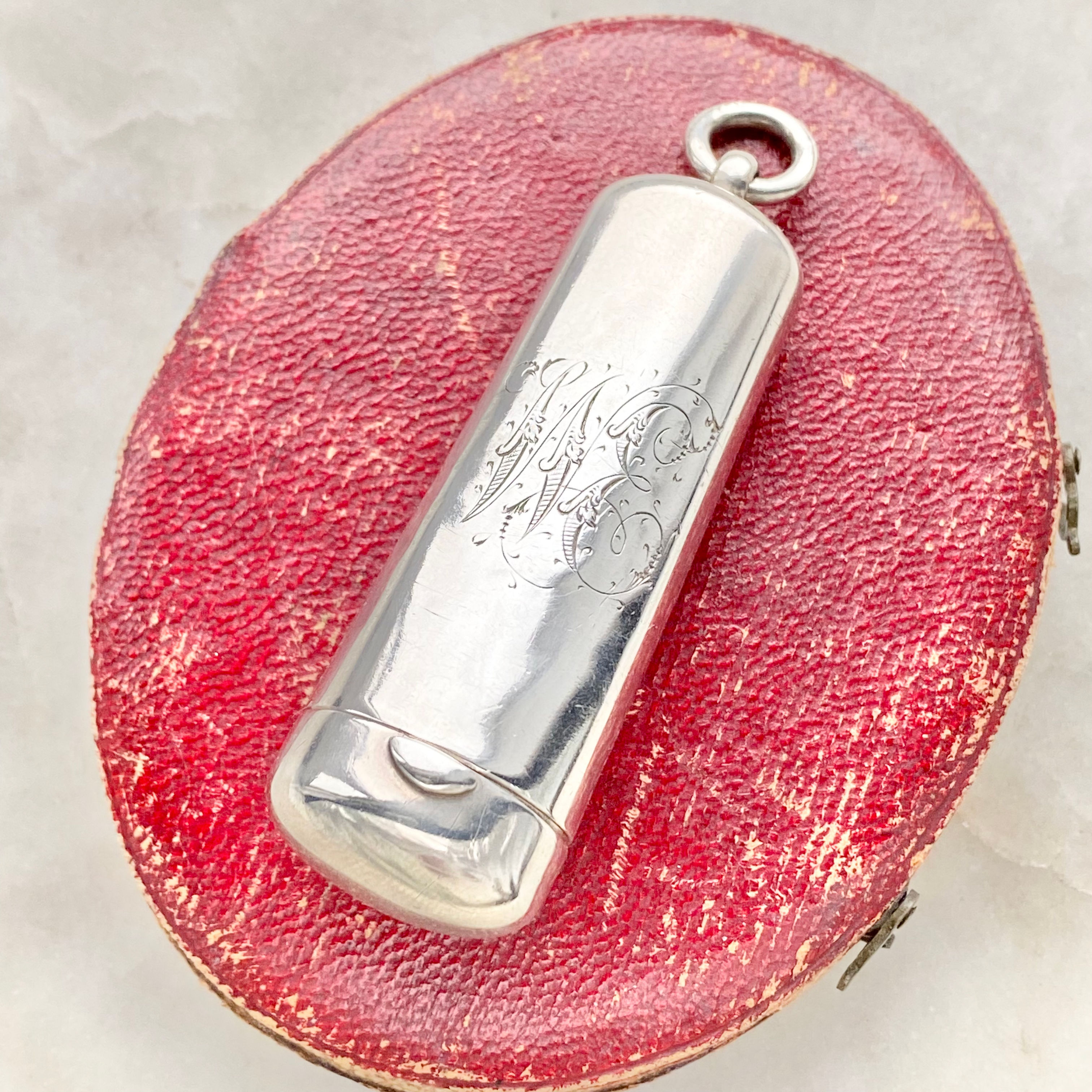 Antique Victorian 1898 sterling silver cheroot cigar vessel locket pendant 'WE'