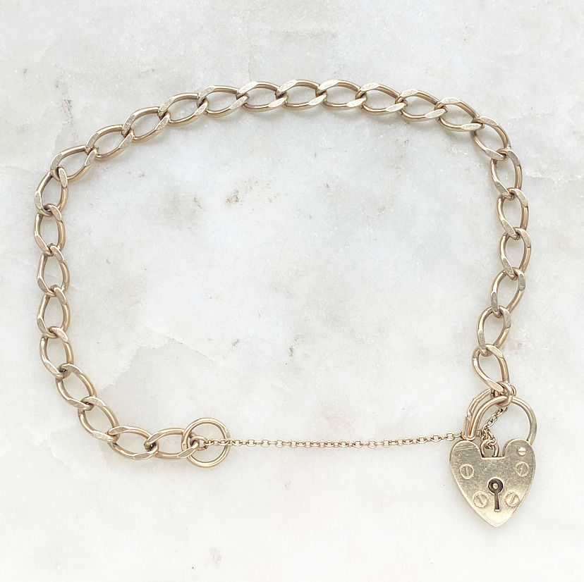 Thumbnail: Vintage, 1975, 9ct gold heart padlock bracelet