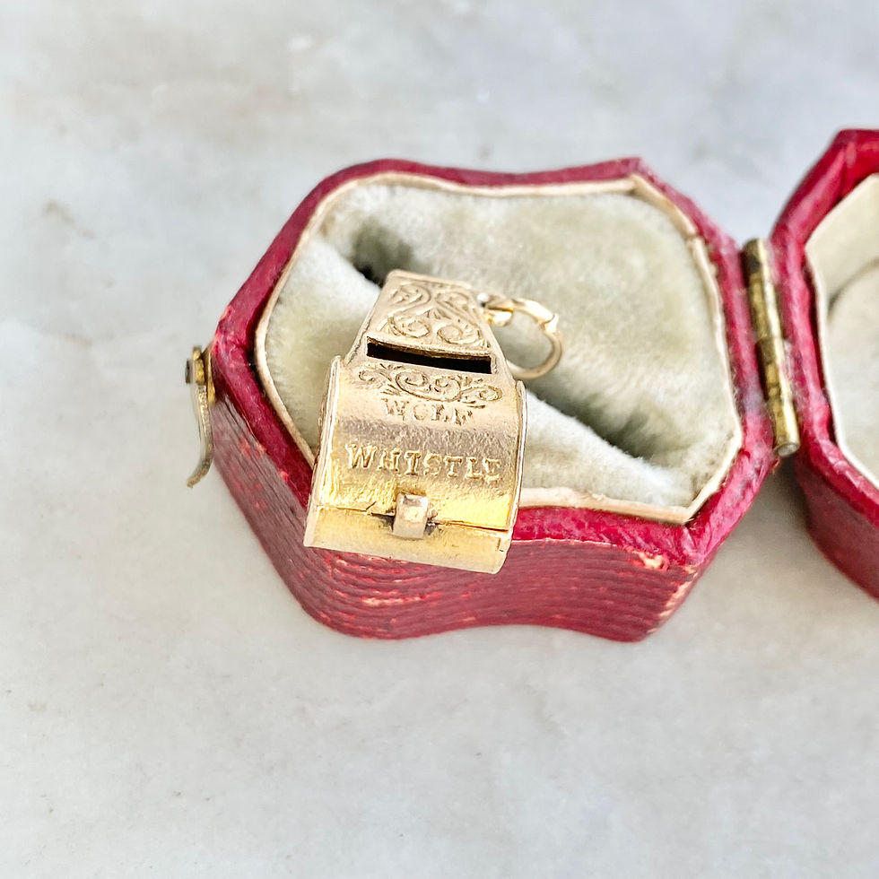 Thumbnail: Vintage 1952 9ct gold opening wolf whistle charm with tiny wolf inside