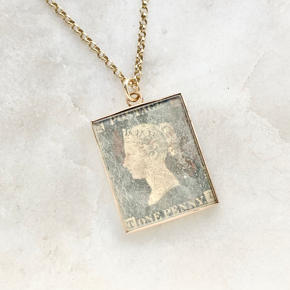 Thumbnail: Vintage 9ct gold framed antique Penny Black stamp and Penny Lilac stamp pendant