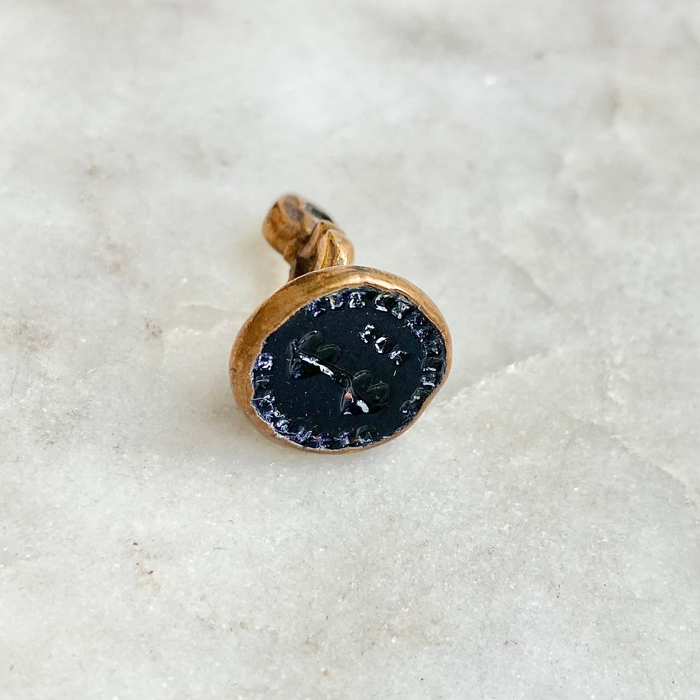 Thumbnail: Vintage glass, base metal seal fob 'Separated but not disunited' hearts