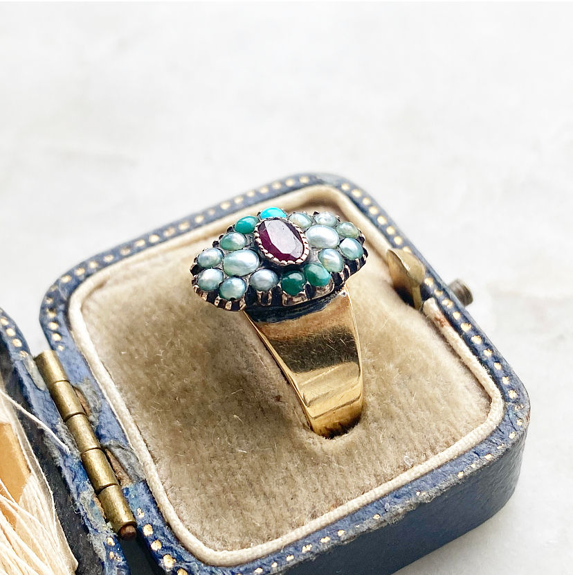 Thumbnail: Antique 15ct gold garnet, turquoise and seed pearl ring