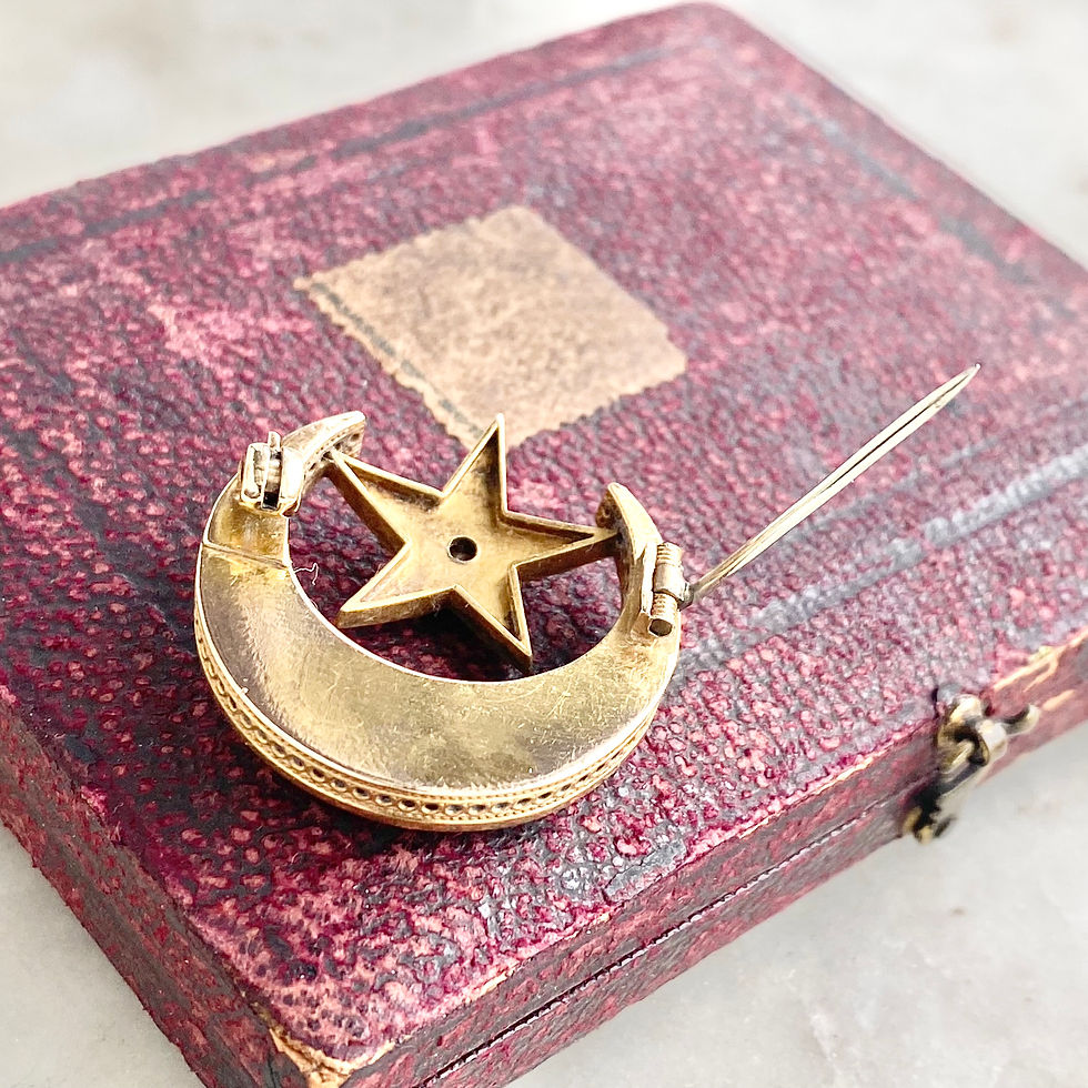 Thumbnail: Antique diamond, coral, seed pearl and gold crescent moon and star brooch/pin