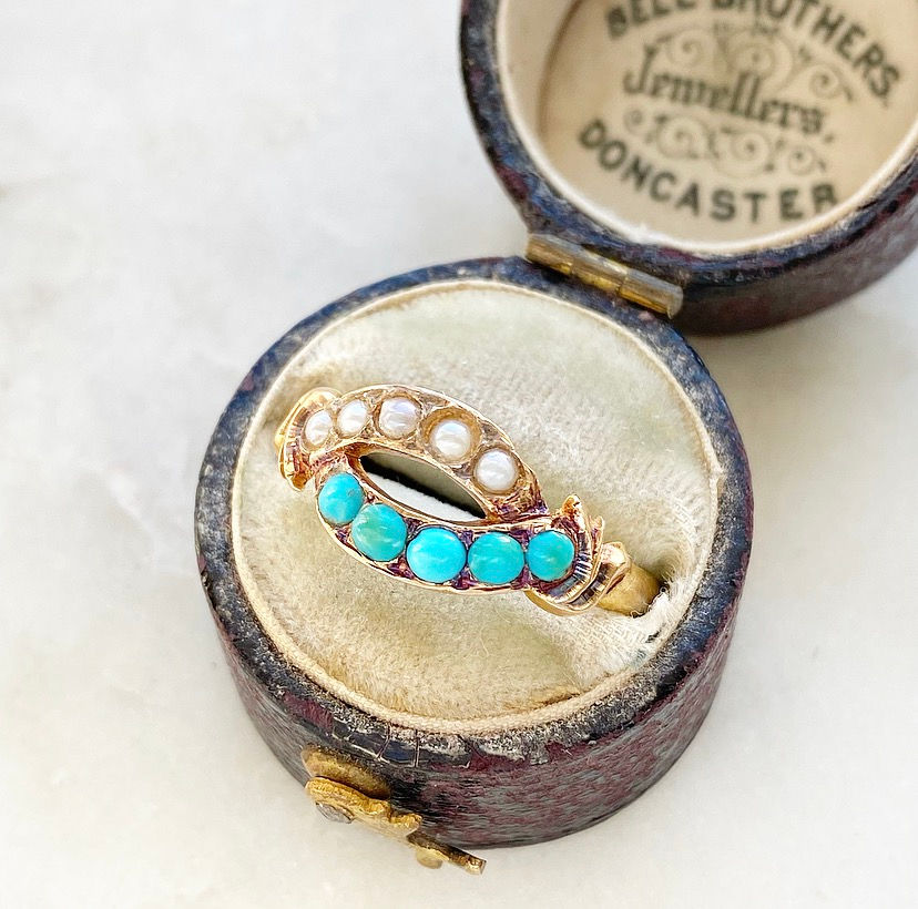 Thumbnail: Antique 18ct gold, turquoise and seed pearl all seeing eye shaped ring