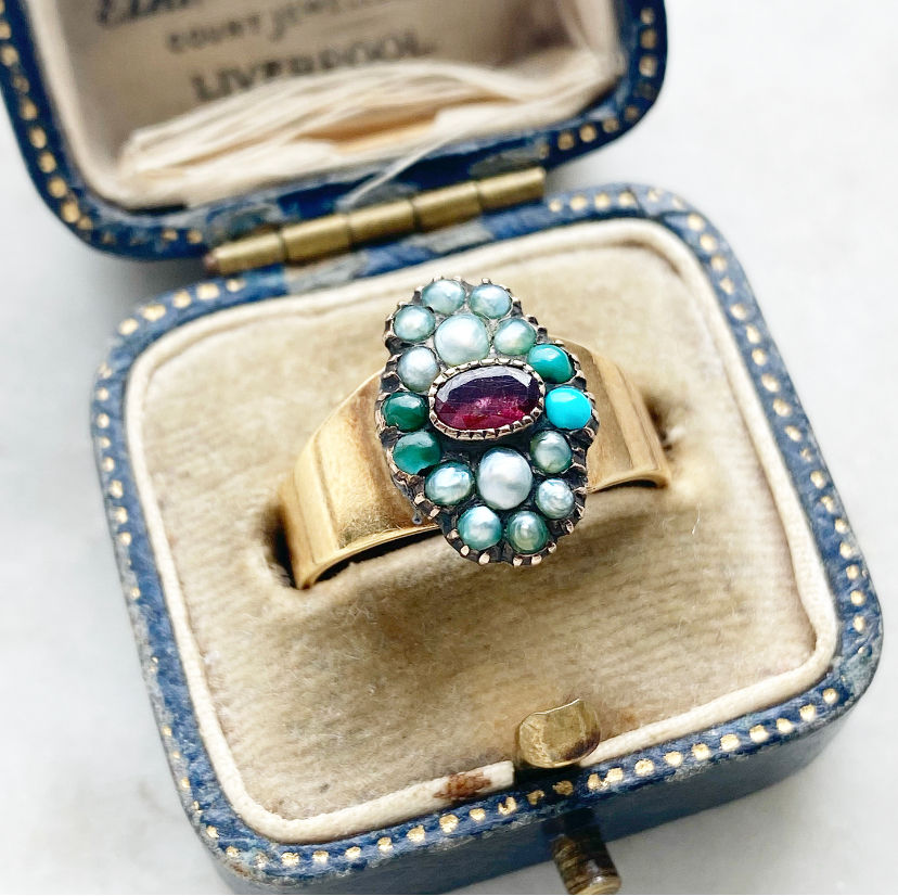 Thumbnail: Antique 15ct gold garnet, turquoise and seed pearl ring