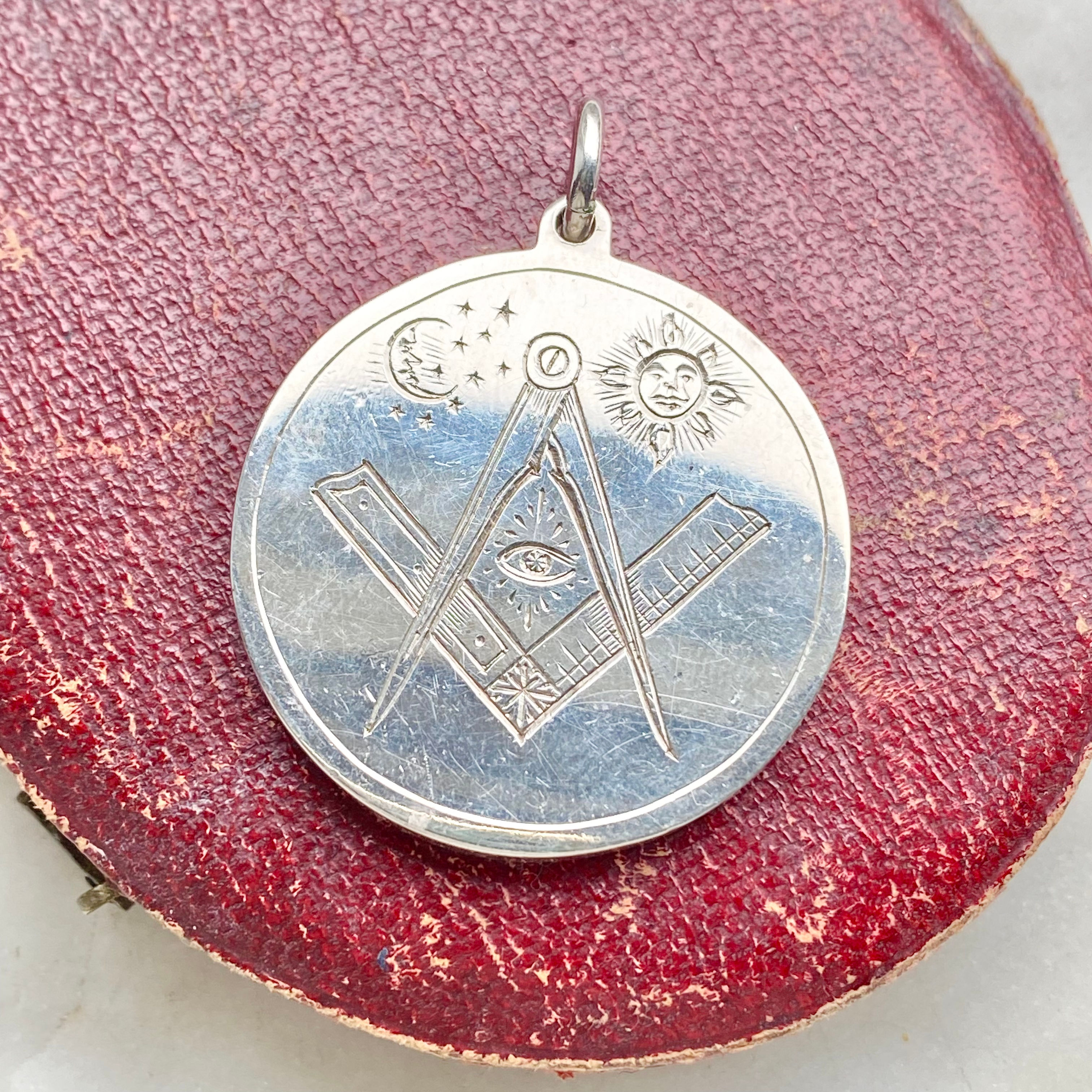 Vintage 1977 heavy sterling silver pendant - hand engraved sun, moon, evil eye