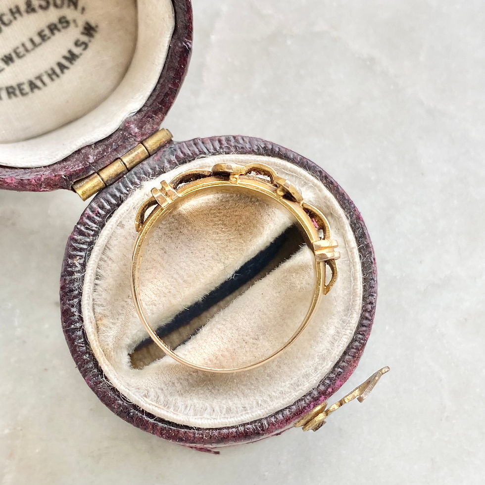 Thumbnail: Antique 15ct gold, ruby and seed pearl horseshoe ring
