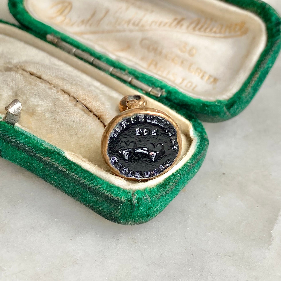 Thumbnail: Vintage glass, base metal seal fob 'Separated but not disunited' hearts