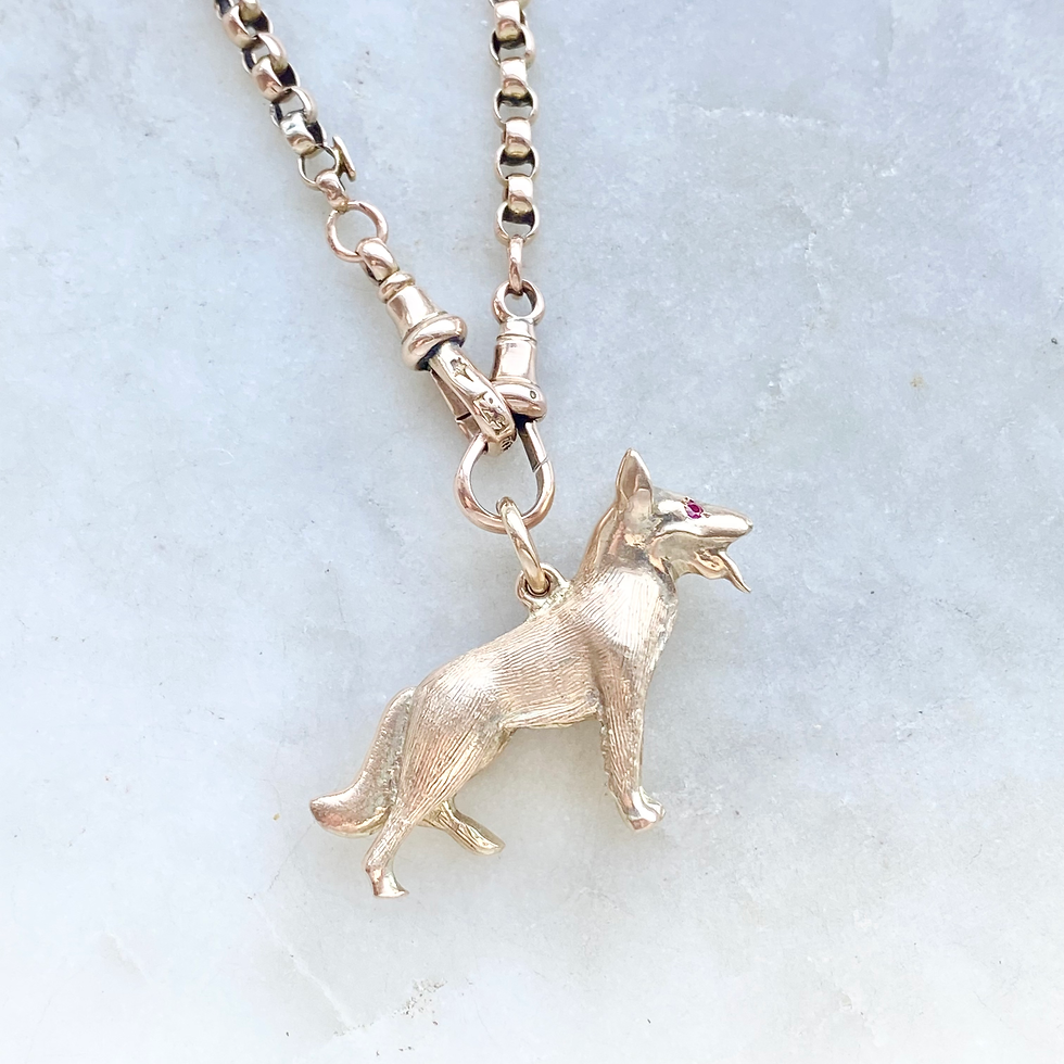 Thumbnail: Vintage large heavy 9ct gold and ruby eyed German Shepherd Alsation dog charm