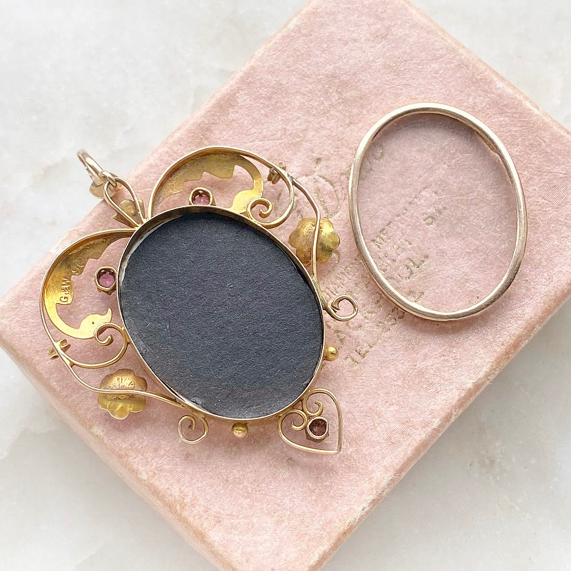 Thumbnail: Antique Art Nouveau 9ct gold, garnets and seed pearl floral locket pendant