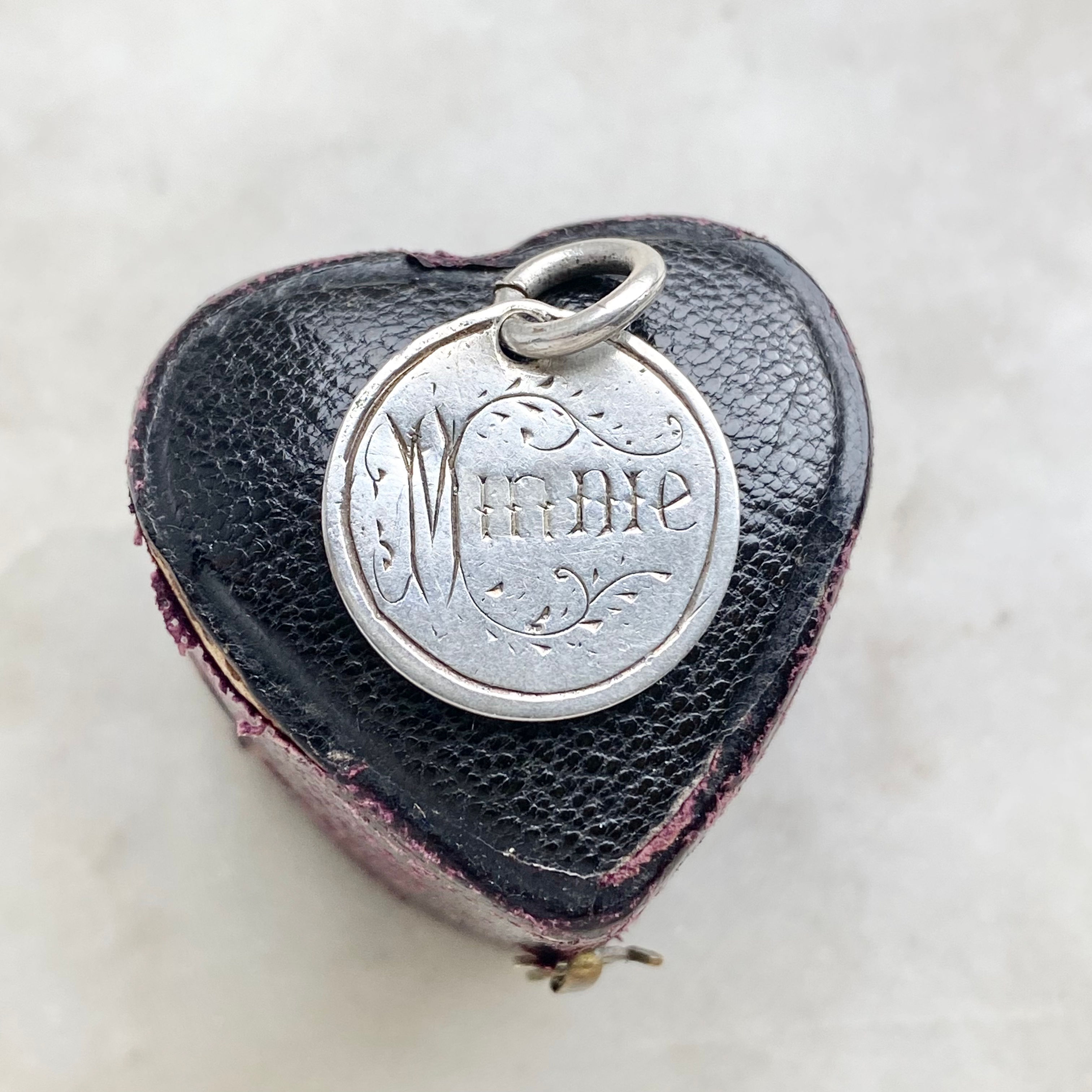 RESERVED Antique Victorian silver 'Minnie' hand engraved love token coin charm