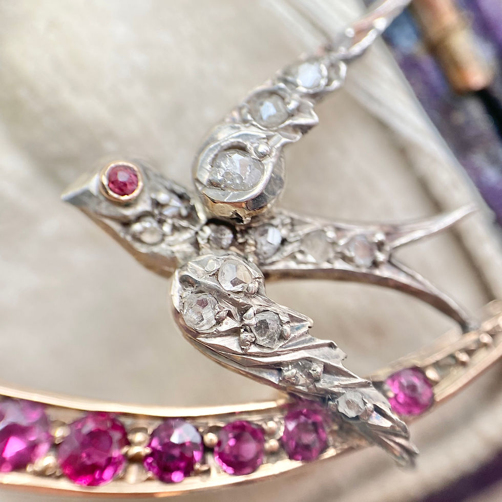 Thumbnail: Antique diamond swallow and spinel crescent moon brooch/pin