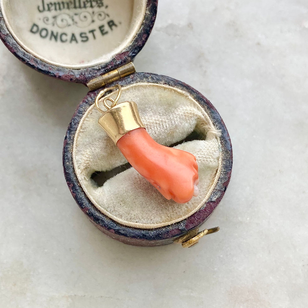 Thumbnail: Vintage carved coral figa hand talisman charm with gold fittings