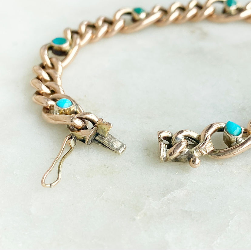 Thumbnail: Antique 9ct gold and turquoise curb link bracelet
