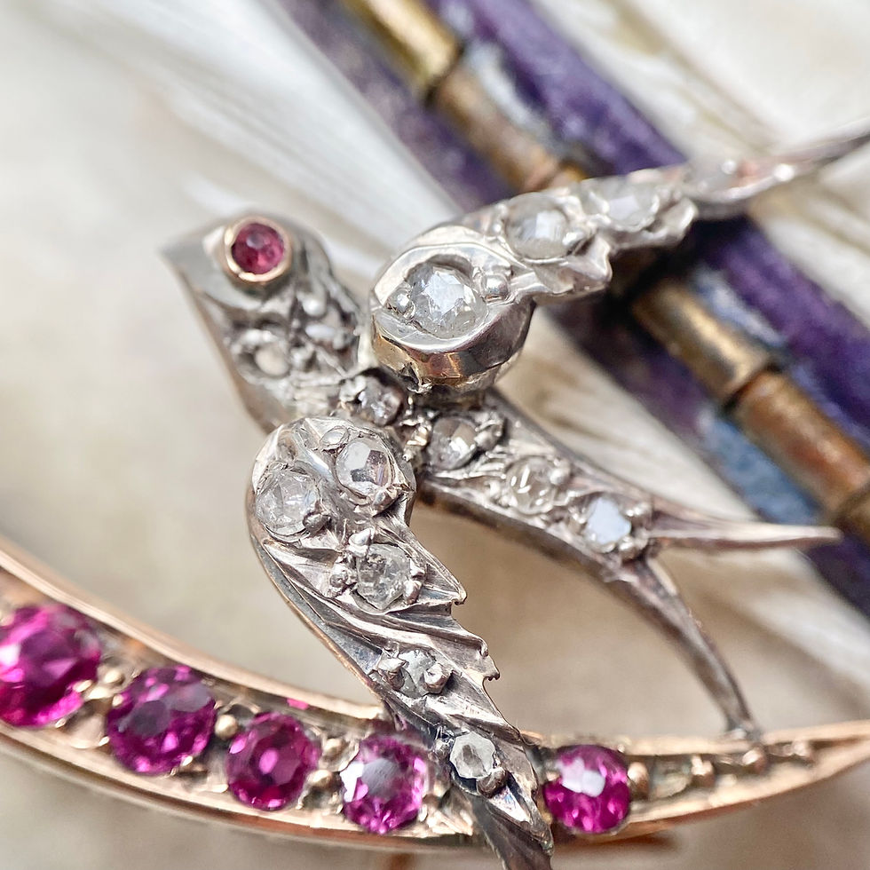 Thumbnail: Antique diamond swallow and spinel crescent moon brooch/pin