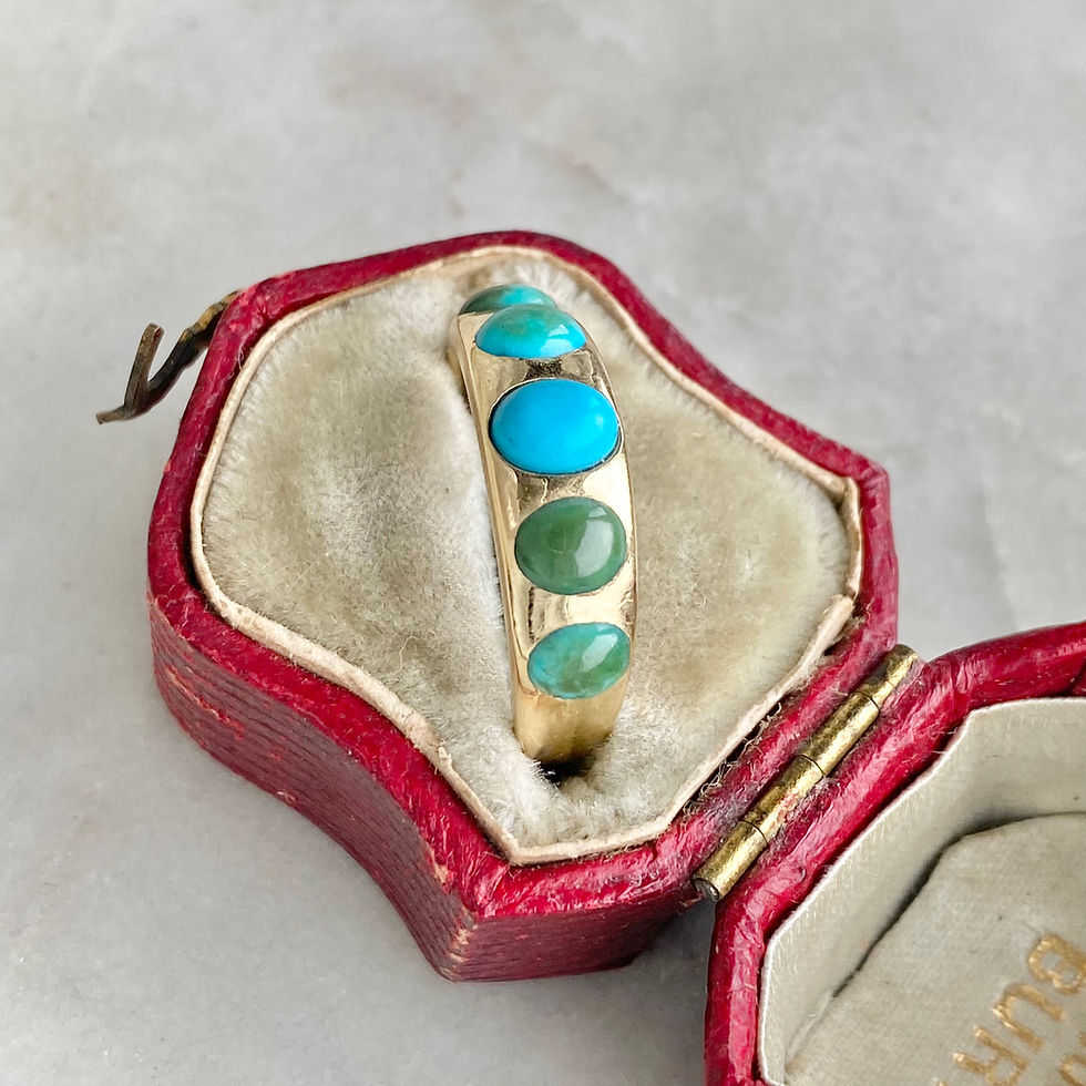 Thumbnail: Vintage 18ct gold and five stone turquoise flush set ring