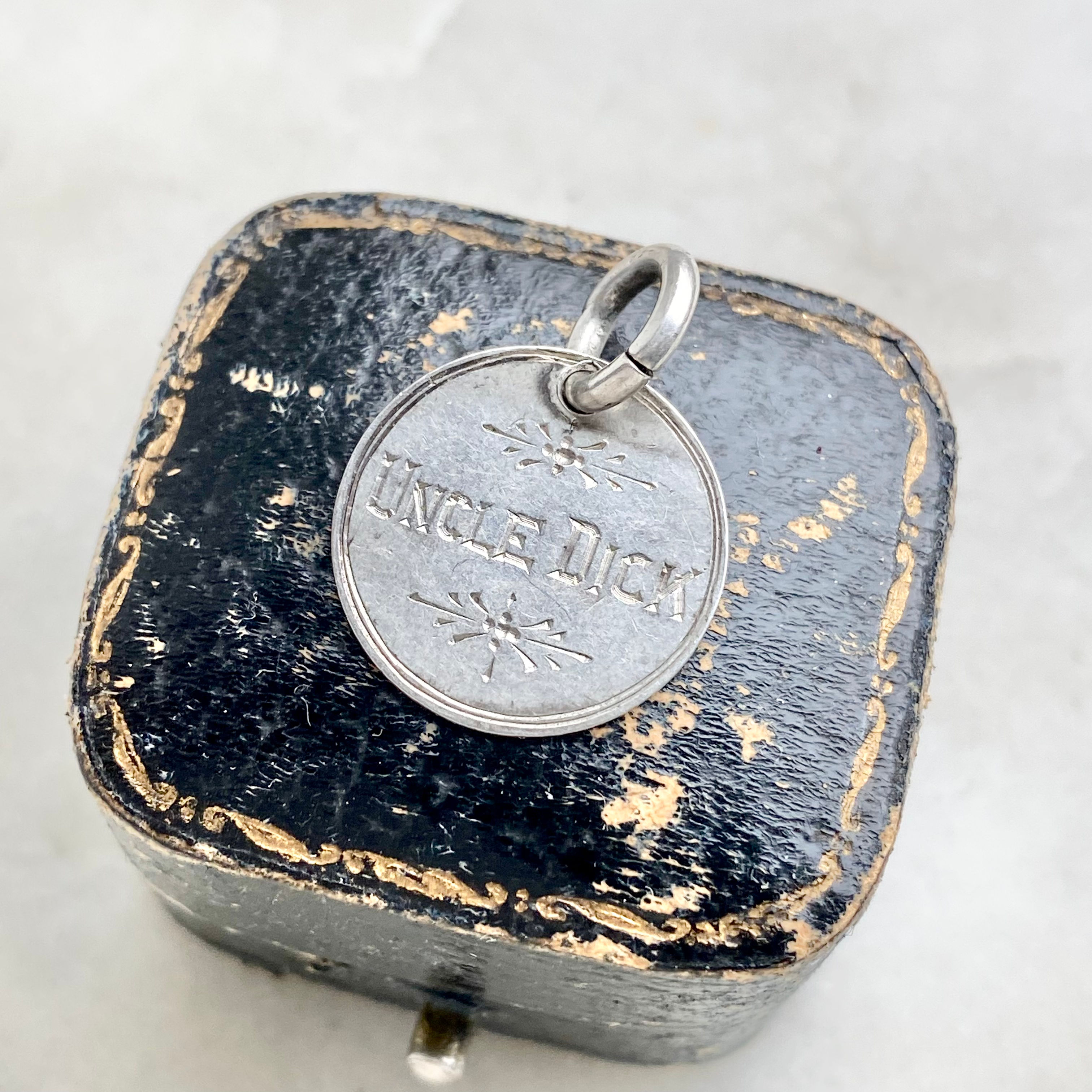 Antique Victorian silver 'Uncle Dick' hand engraved love token coin charm