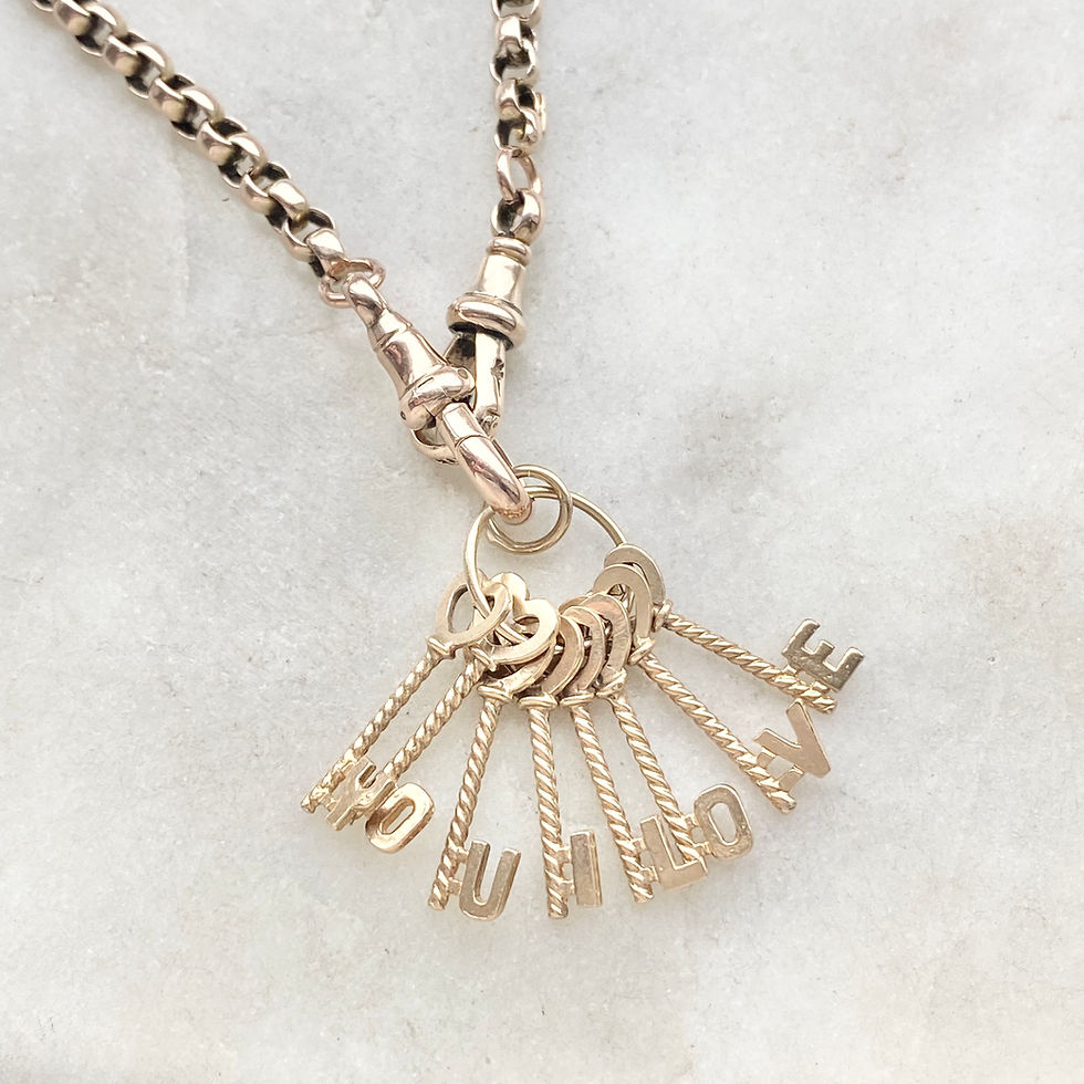 Thumbnail: Vintage 1972 9ct gold 'I LOVE YOU' set of keys charm