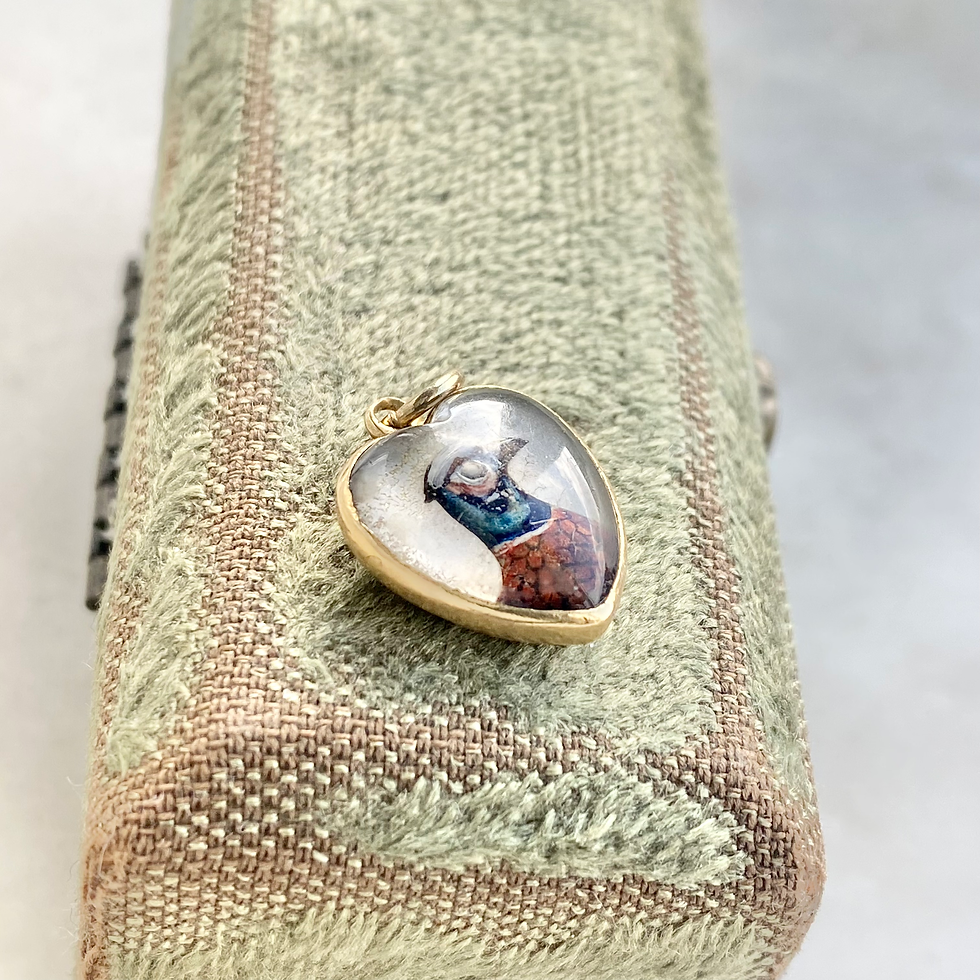 Thumbnail: Antique 18ct gold reverse painted Essex crystal heart pheasant charm/pendant
