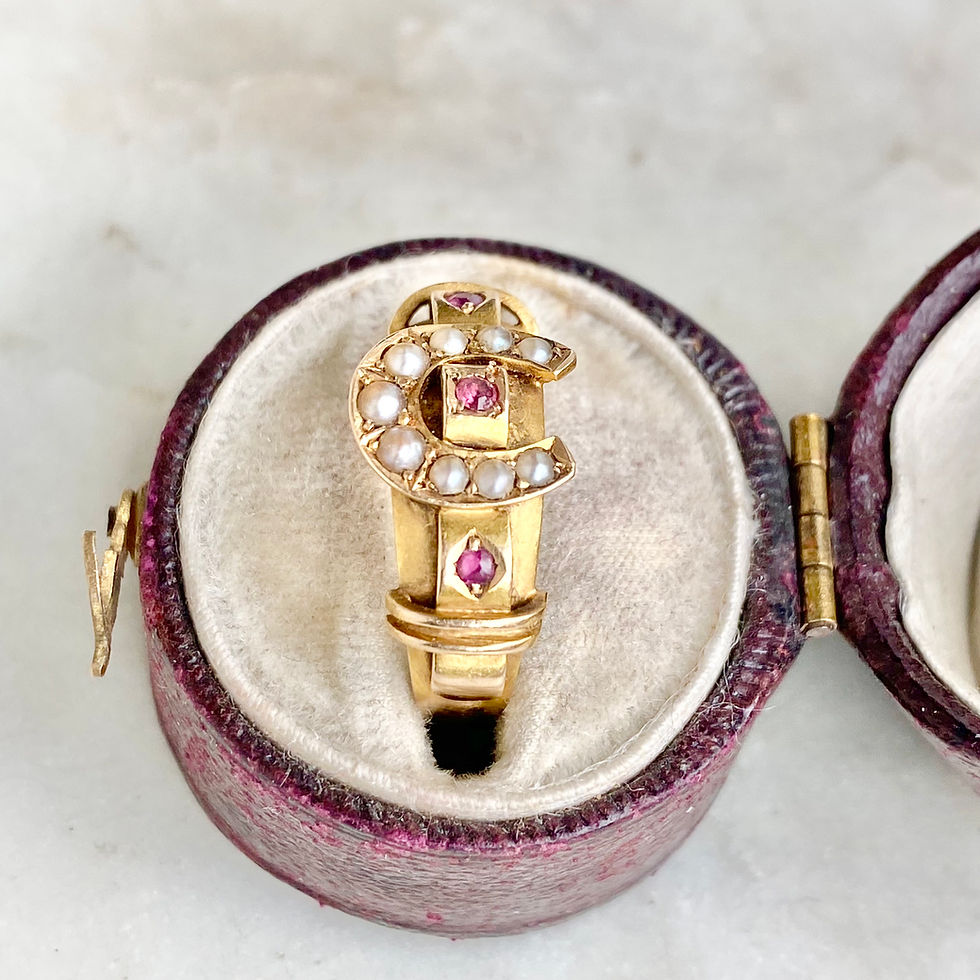 Thumbnail: Antique 15ct gold, ruby and seed pearl horseshoe ring